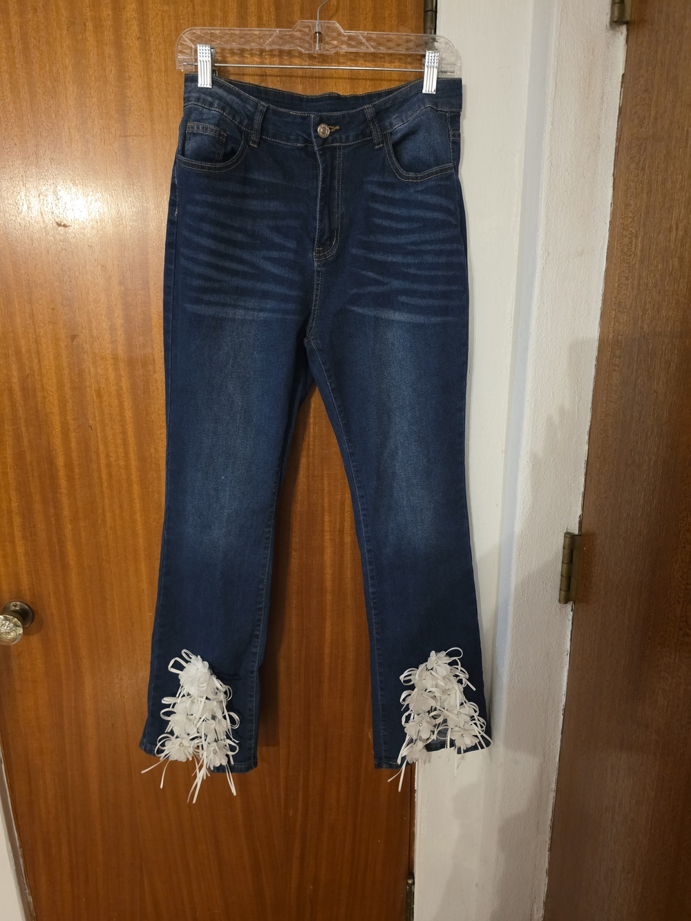 SHEIN Dark Blue Flare Jeans with White Frayed Hem Tassels
